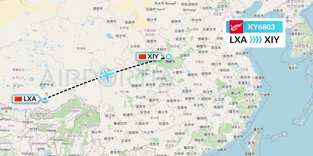 KY6803 Kunming Airlines Flight Map: Lhasa to Xi'an
