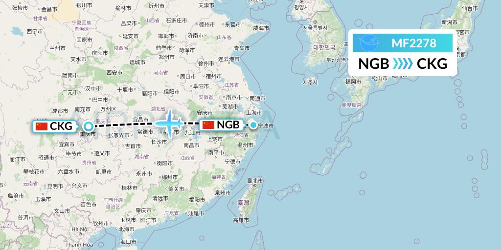 MF2278 Xiamen Airlines Flight Map: Ningbo to Chongqing