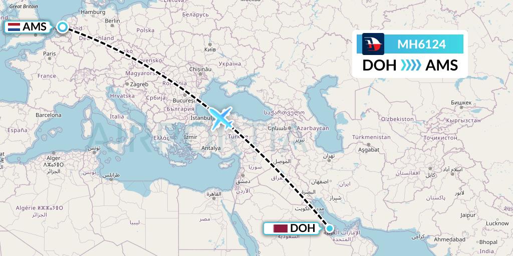 MH6124 Malaysia Airlines Flight Map: Doha to Amsterdam