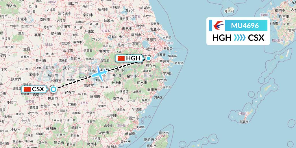 MU4696 China Eastern Airlines Flight Map: Hangzhou to Changsha