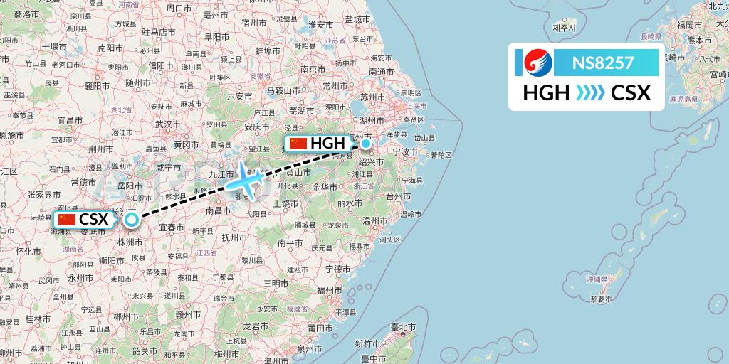 NS8257 Hebei Airlines Flight Map: Hangzhou to Changsha