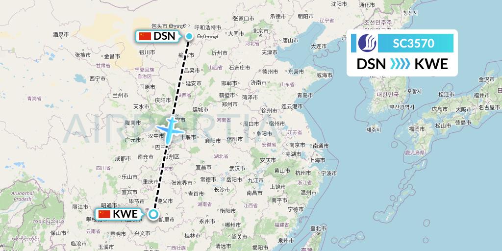 SC3570 Shandong Airlines Flight Map: Dongsheng to Guiyang