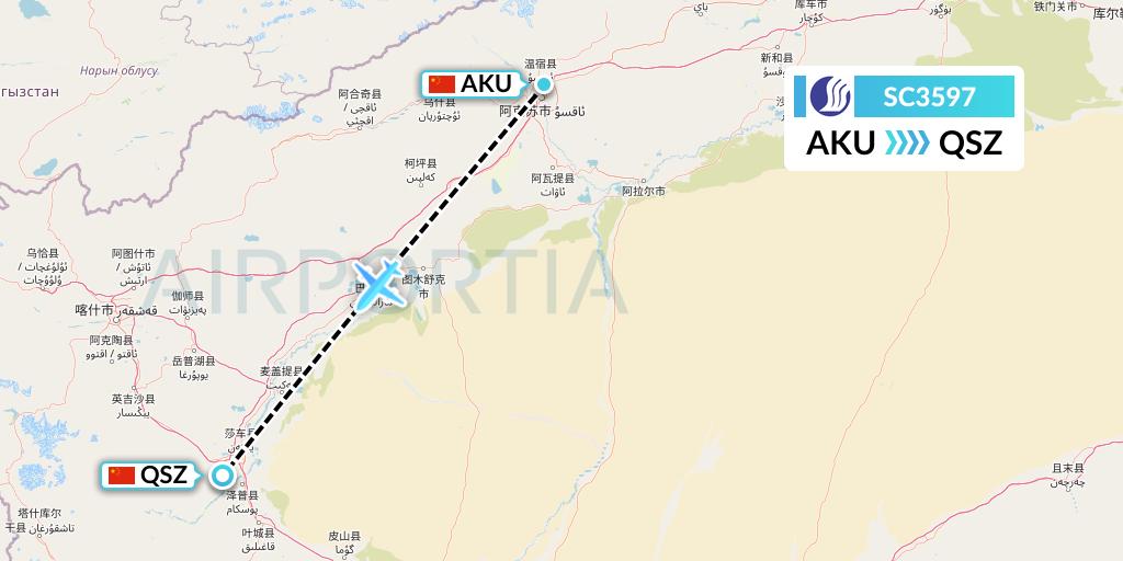 SC3597 Shandong Airlines Flight Map: Aksu to Hotan