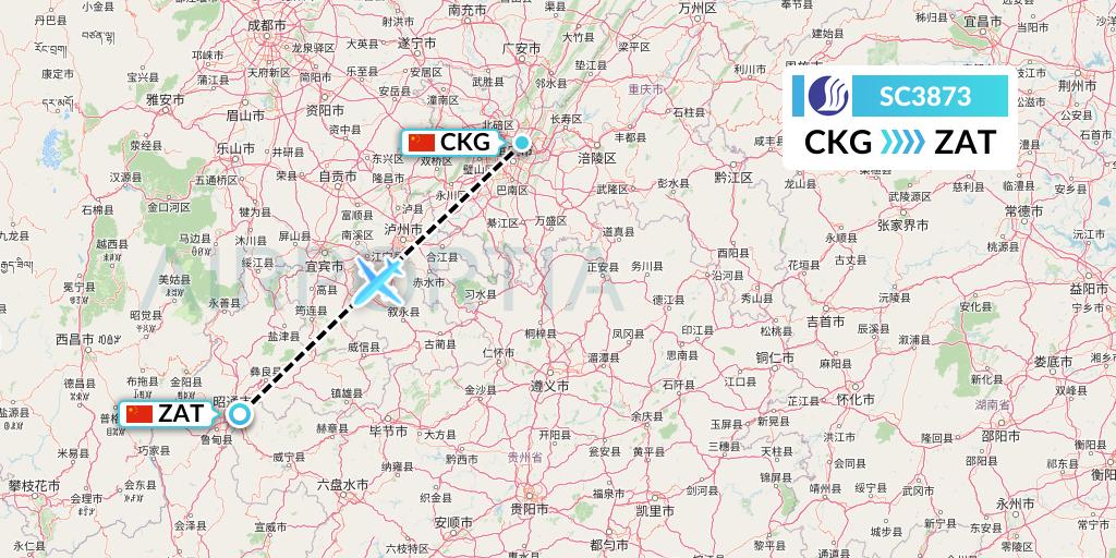 SC3873 Shandong Airlines Flight Map: Chongqing to Zhaotong