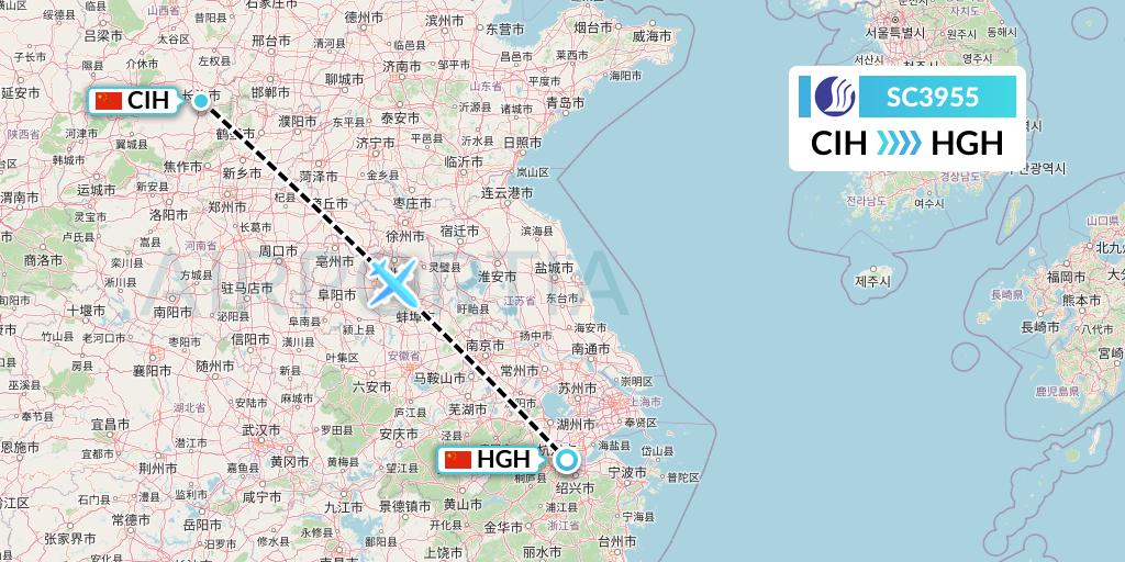 SC3955 Shandong Airlines Flight Map: Changzhi to Hangzhou