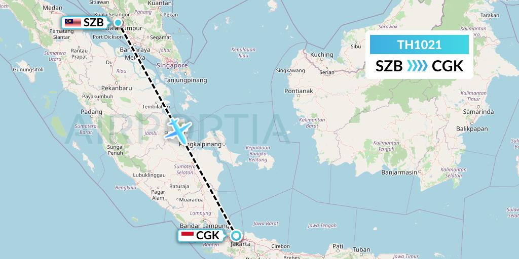 TH1021 Raya Airways Sdn. Bhd. dba Raya Airways Flight Map: Kuala Lumpur to Jakarta