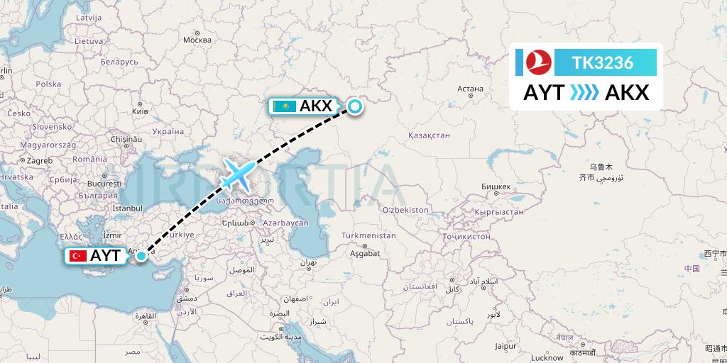 TK3236 Turkish Airlines Flight Map: Antalya to Aktobe