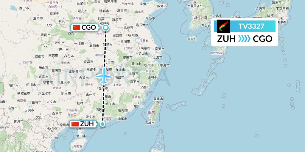 TV3327 Tibet Airlines Flight Map: Zhuhai to Zhengzhou