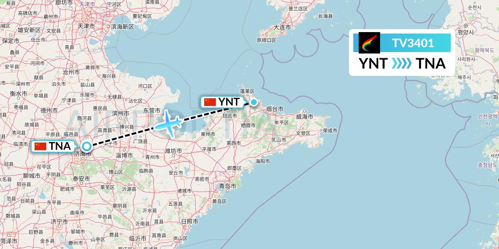 TV3401 Tibet Airlines Flight Map: Yantai to Jinan