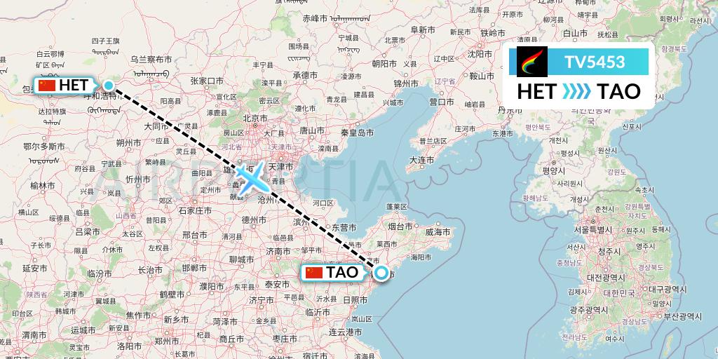 TV5453 Tibet Airlines Flight Map: Hohhot to Qingdao