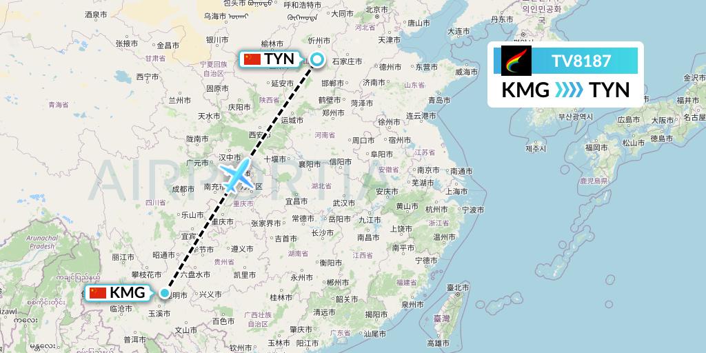 TV8187 Tibet Airlines Flight Map: Kunming to Taiyuan