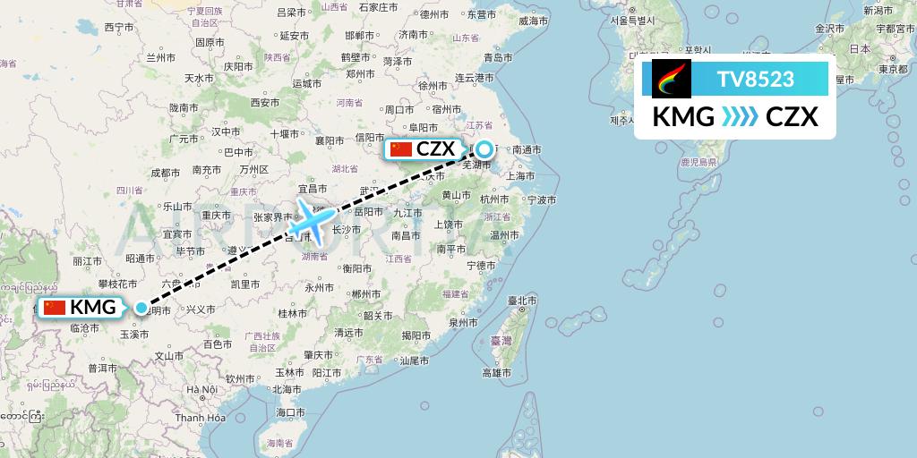 TV8523 Tibet Airlines Flight Map: Kunming to Changzhou