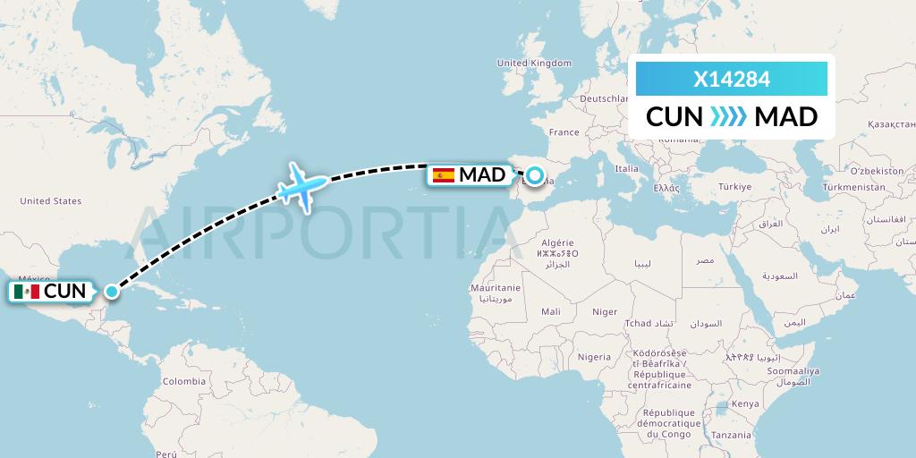 X14284 Nik Airways Flight Map: Cancun to Madrid