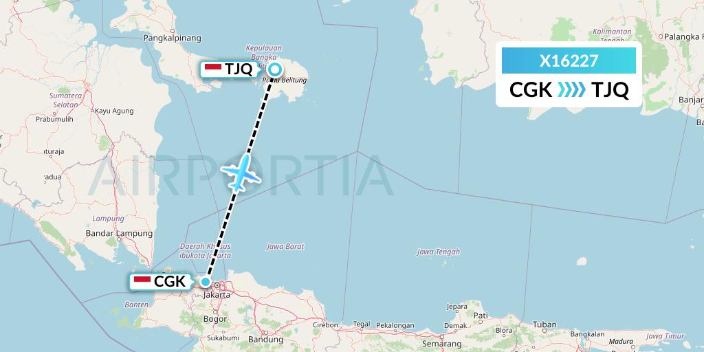 X16227 Nik Airways Flight Map: Jakarta to Tanjung Pandan