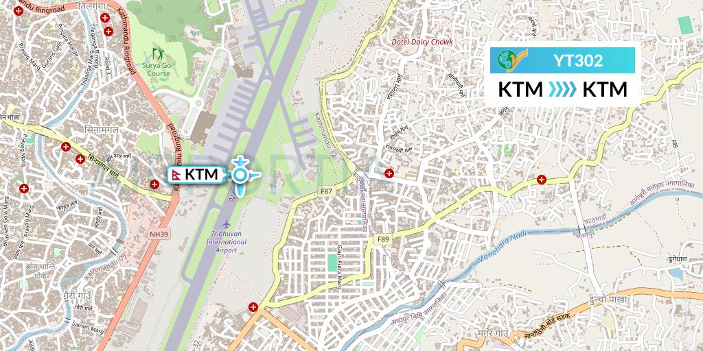 YT302 Yeti Airlines Flight Map: Kathmandu to Kathmandu