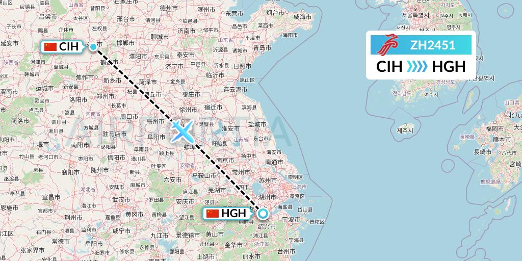 ZH2451 Shenzhen Airlines Flight Map: Changzhi to Hangzhou
