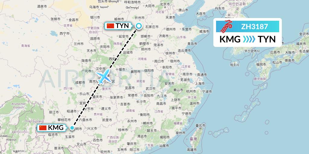 ZH3187 Shenzhen Airlines Flight Map: Kunming to Taiyuan