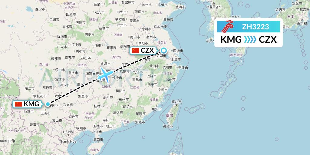 ZH3223 Shenzhen Airlines Flight Map: Kunming to Changzhou