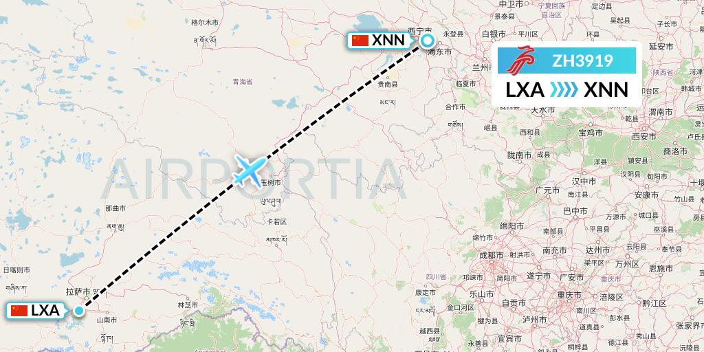 ZH3919 Shenzhen Airlines Flight Map: Lhasa to Xining