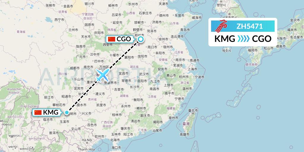 ZH5471 Shenzhen Airlines Flight Map: Kunming to Zhengzhou