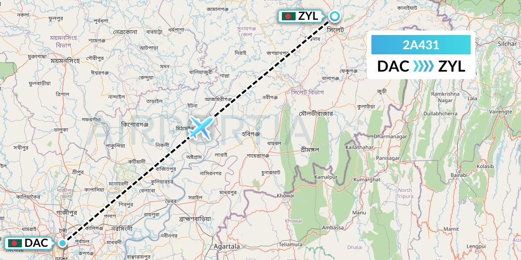 2A431 Deutsche Bahn AG Flight Map: Dhaka to Sylhet