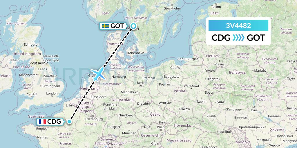3V4482 ASL Airlines Belgium Flight Map: Paris to Gothenburg