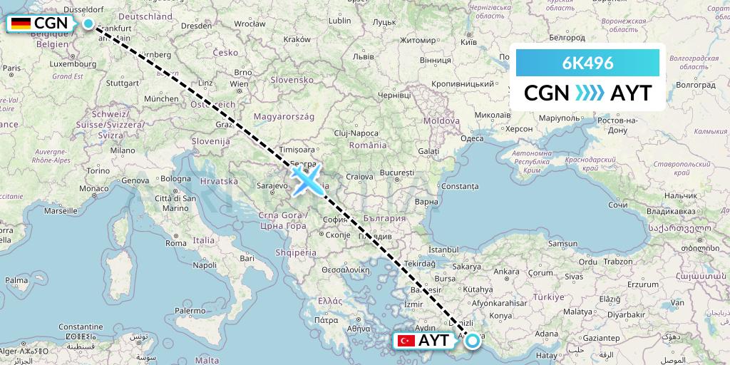 6K496 Songbird Airways Flight Map: Cologne to Antalya
