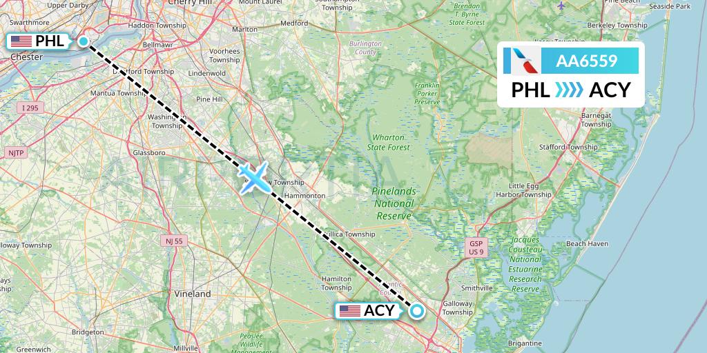 AA6559 American Airlines Flight Map: Philadelphia to Atlantic City