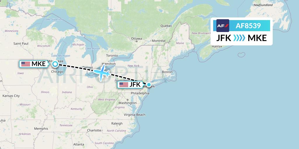 AF8539 Air France Flight Map: New York to Milwaukee