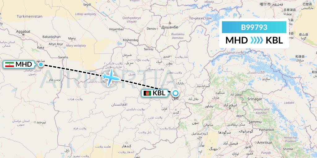 B99793 Iran Air Tours Flight Map: Mashhad to Kabul