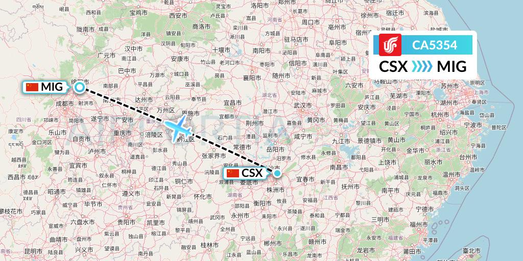 CA5354 Air China Flight Map: Changsha to Mianyang
