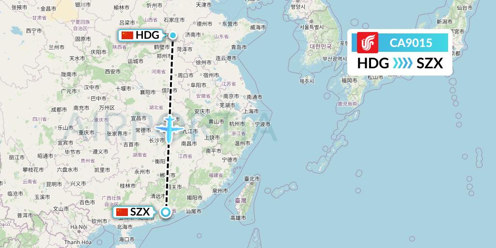 CA9015 Air China Flight Map: Handan to Shenzhen