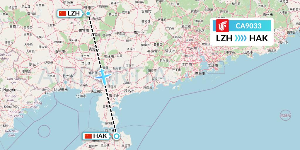 CA9033 Air China Flight Map: Liuzhou to Haikou