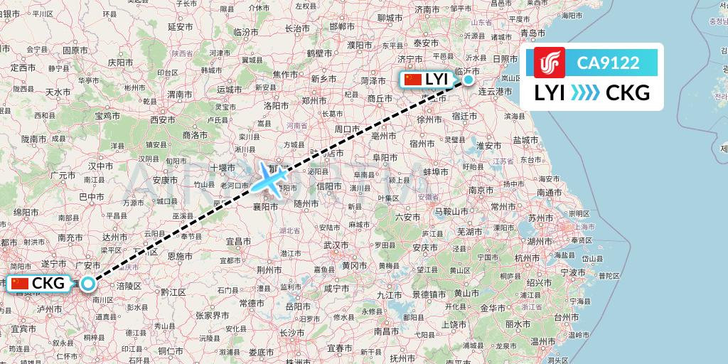 CA9122 Air China Flight Map: Linyi to Chongqing