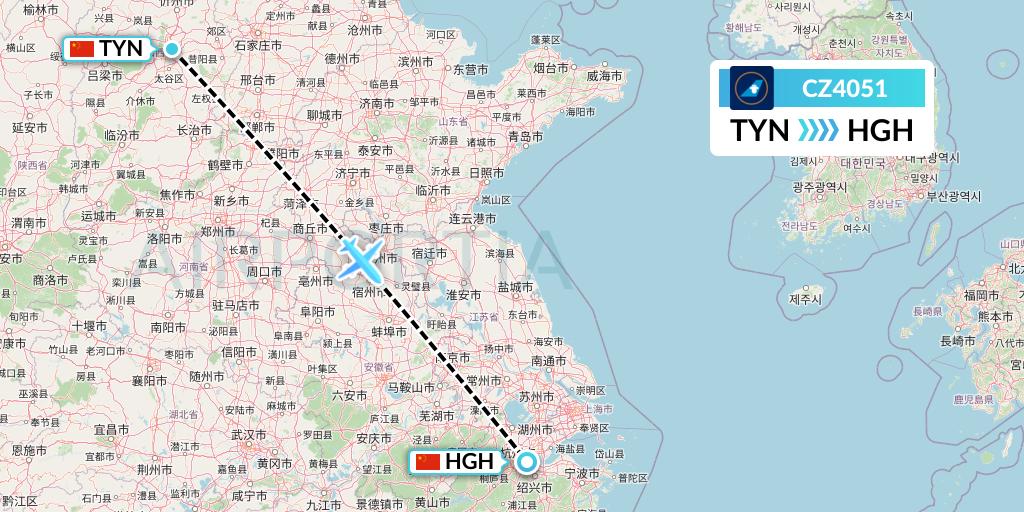 CZ4051 China Southern Airlines Flight Map: Taiyuan to Hangzhou