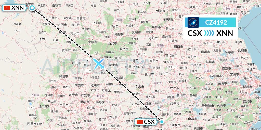 CZ4192 China Southern Airlines Flight Map: Changsha to Xining