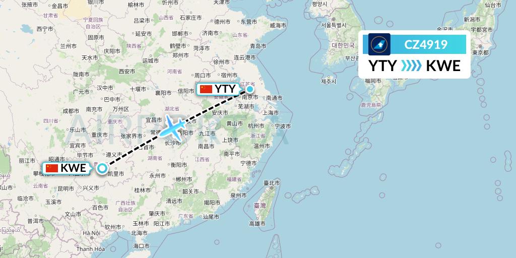 CZ4919 China Southern Airlines Flight Map: Yangzhou to Guiyang