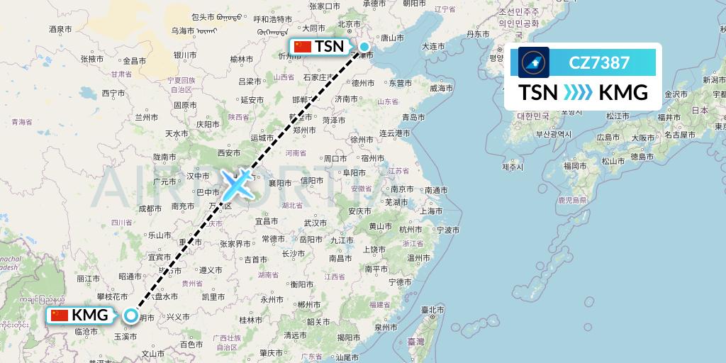 CZ7387 China Southern Airlines Flight Map: Tianjin to Kunming