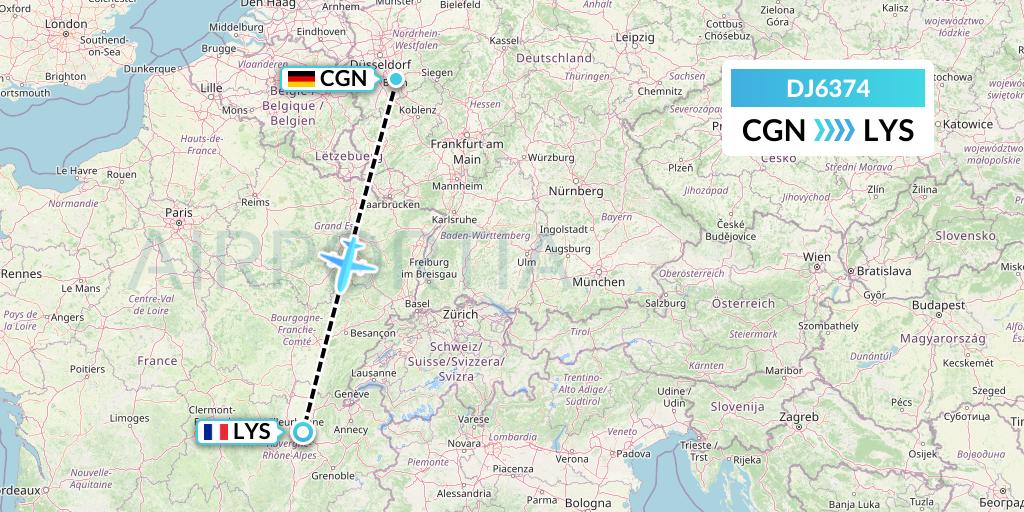 DJ6374 Air Djibouti Flight Map: Cologne to Lyon