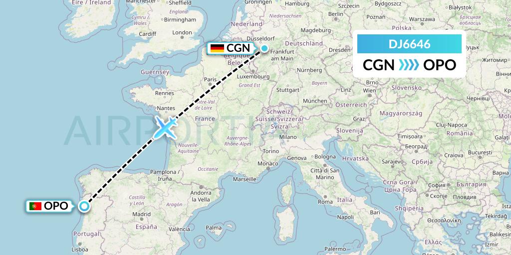 DJ6646 Air Djibouti Flight Map: Cologne to Porto