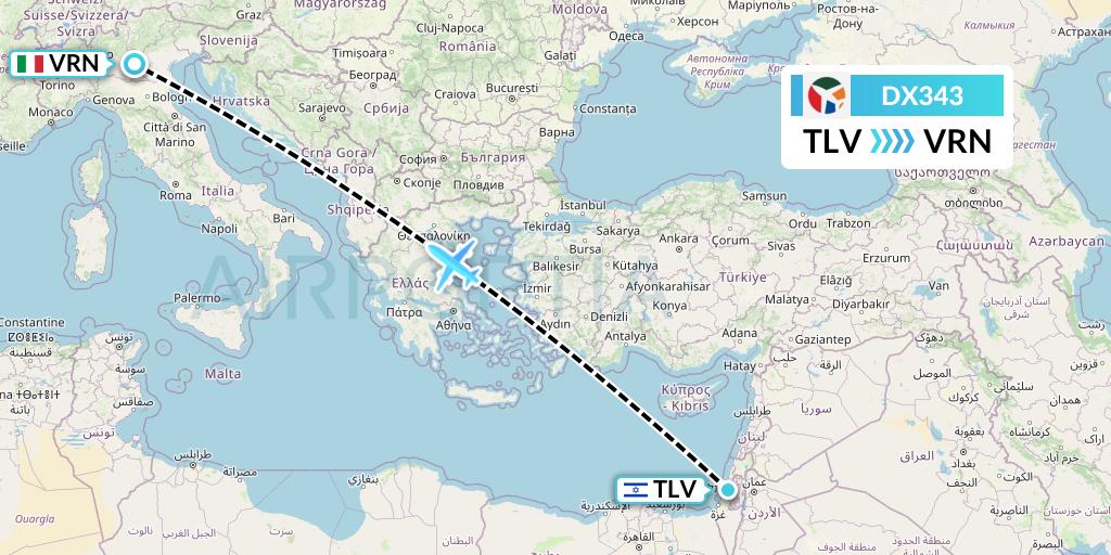 DX343 Danish Air Transport Flight Map: Tel Aviv to Verona