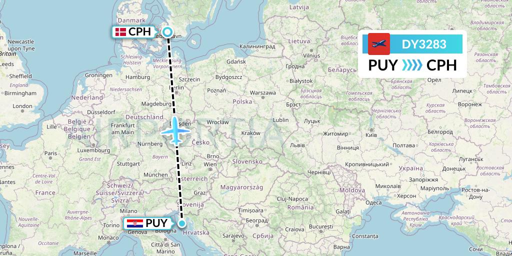 DY3283 Norwegian Flight Map: Pula to Copenhagen