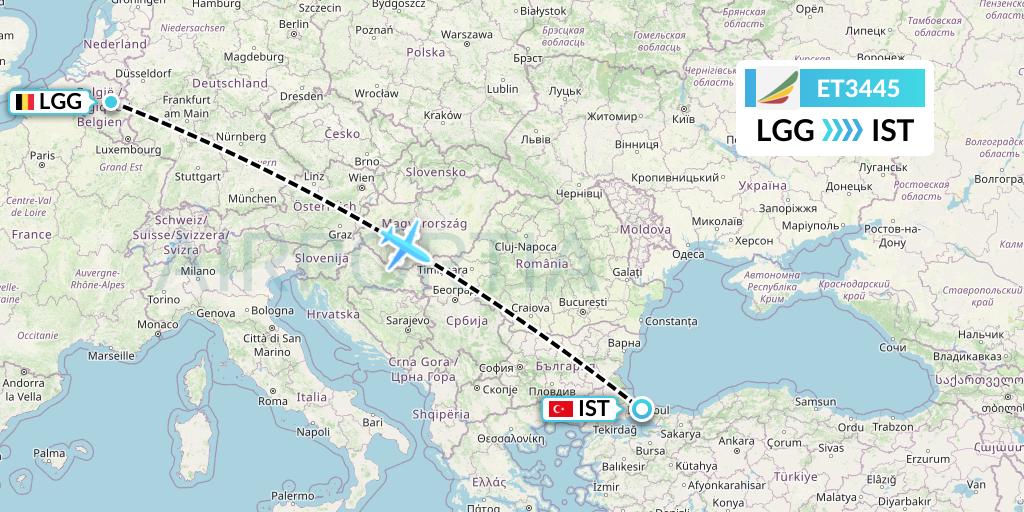 ET3445 Ethiopian Airlines Flight Map: Liege to Istanbul