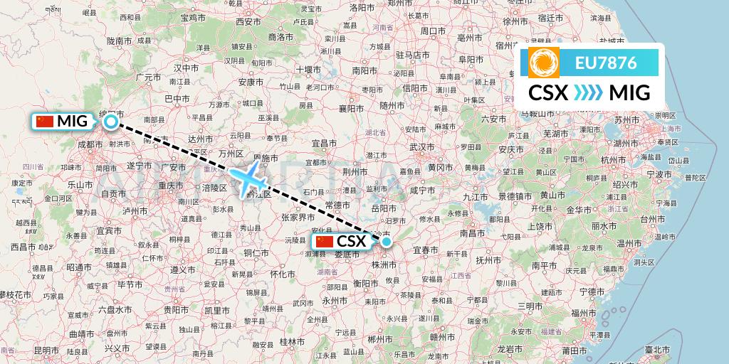 EU7876 Chengdu Airlines Flight Map: Changsha to Mianyang