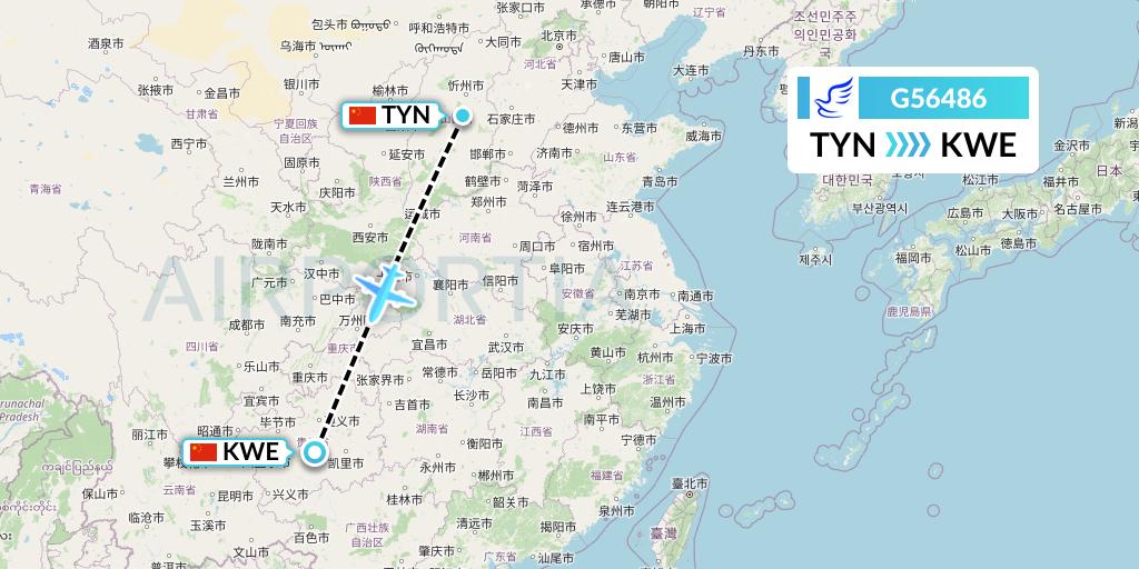 G56486 China Express Airlines Flight Map: Taiyuan to Guiyang