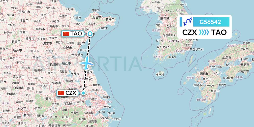 G56542 China Express Airlines Flight Map: Changzhou to Qingdao