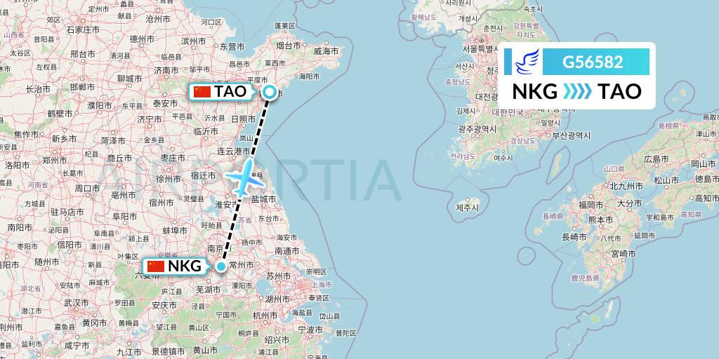 G56582 China Express Airlines Flight Map: Nanjing to Qingdao