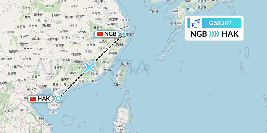 G58387 China Express Airlines Flight Map: Ningbo to Haikou