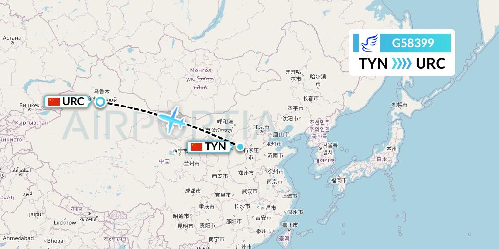 G58399 China Express Airlines Flight Map: Taiyuan to Urumqi
