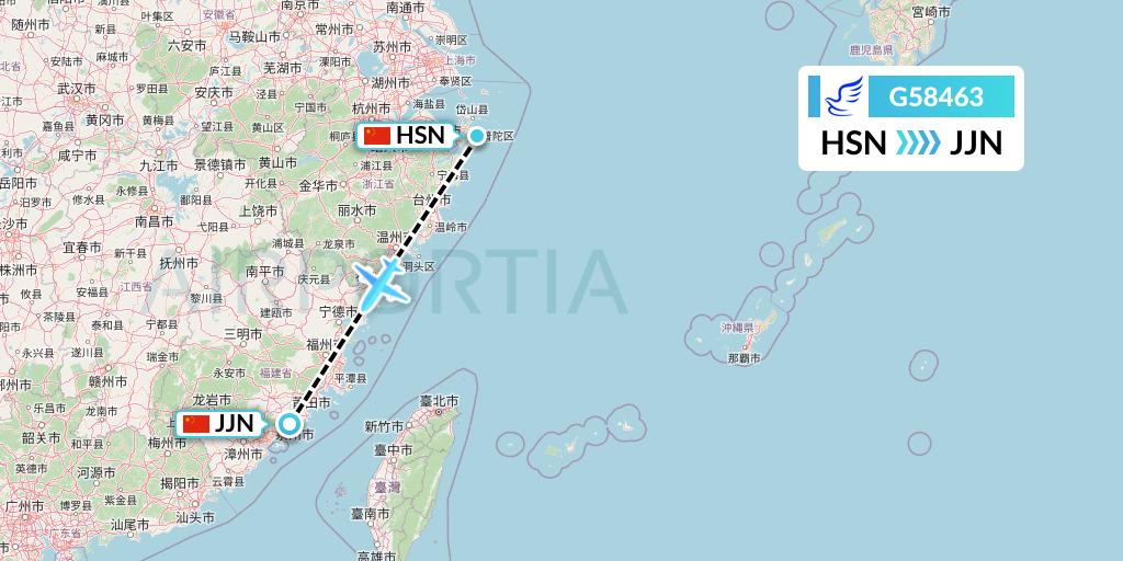 G58463 China Express Airlines Flight Map: Zhoushan to Jinjiang
